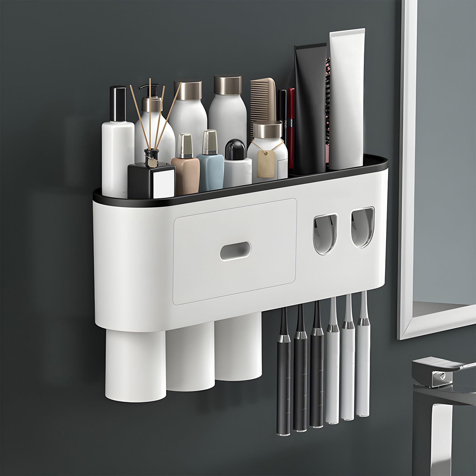 Soporte Cepillo de Dientes Montado en La Pared, Porta Cepillo de Dientes con 2 Dispensadores de Pasta de Dientes, 6 Ranuras para Cepillos, 3 Tazas y Cajón para Baño, Negro