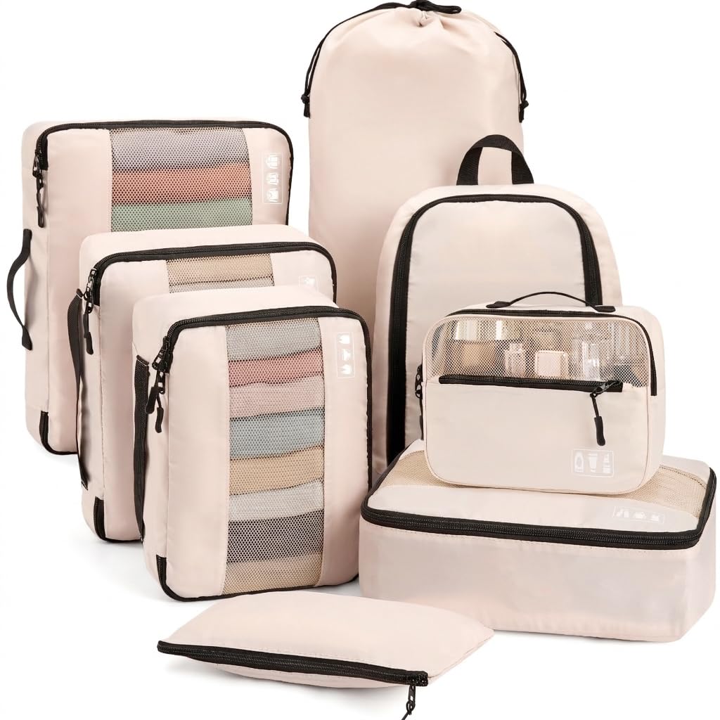 MURISE Organisateur de Valise 8 Pièces, Rangement Valise Organisateur pour les Voyages et les Vacances, Packing Cubes avec Sac à Chaussures et Sac à Cosmétiques, Voyage Accessoires, Beige