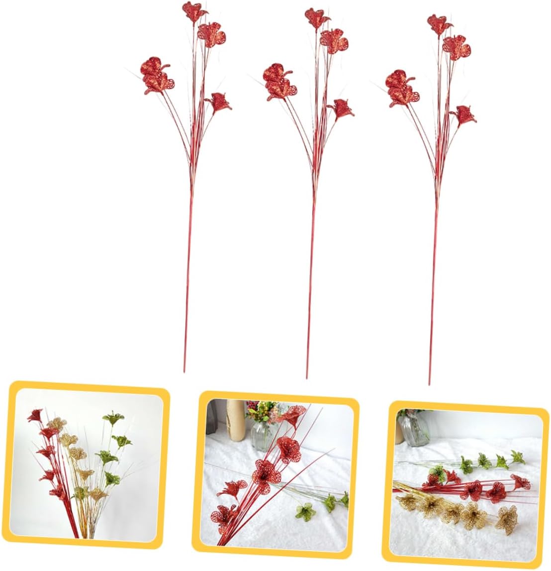 3pcs Glitter Artificial Flower Stems Poles for Christmas Decoration Stylish Faux Flower Arrangement for Bouquets and Table Decor for Home and Holiday Celebrations