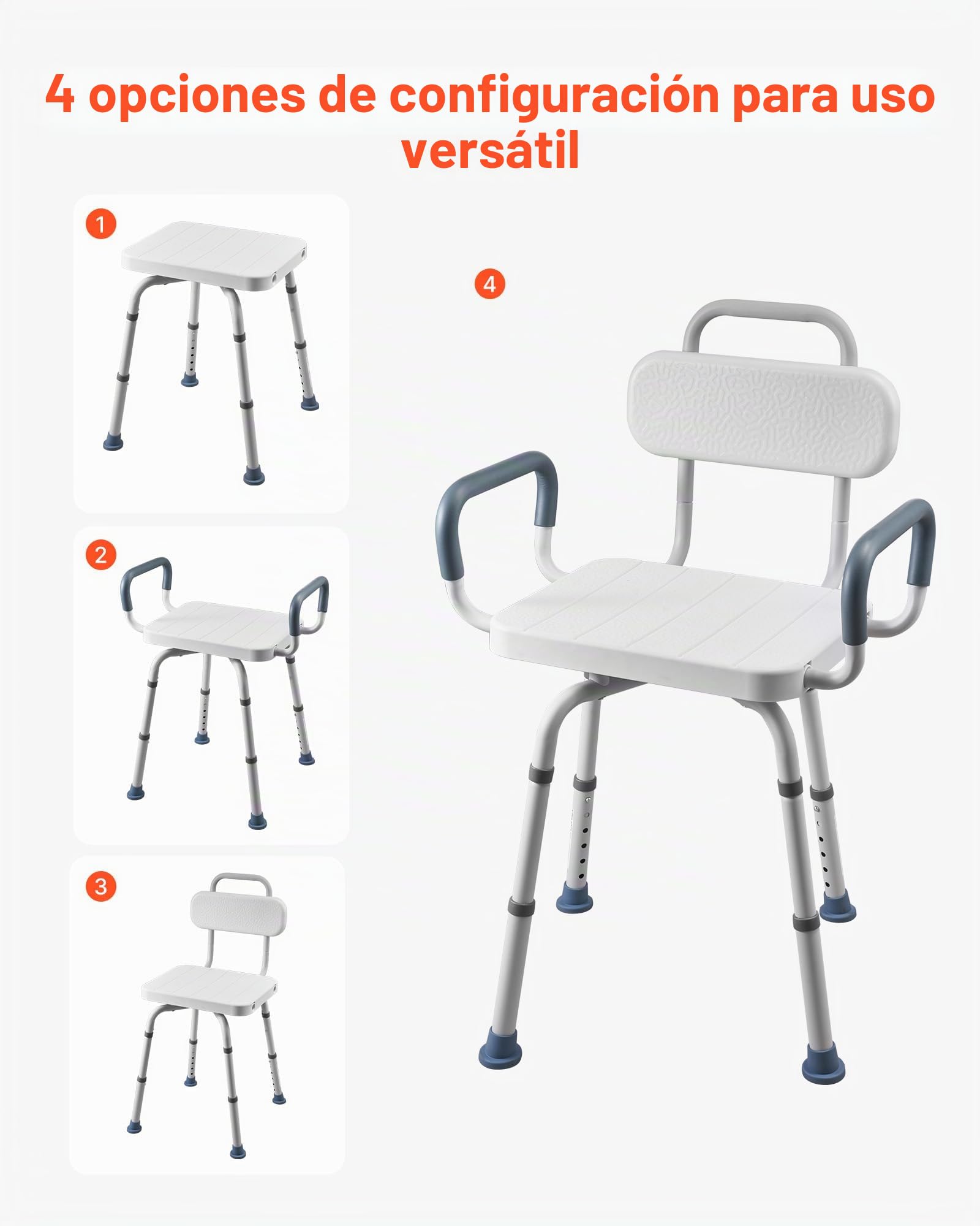 VEVOR Silla de Bañera con Asiento Giratorio, Brazos y Respaldo, Carga de 180 kg, Altura Ajustable de 405 a 530 mm, Asiento de Bañera para Adultos, Personas Mayores, Personas con Discapacidad