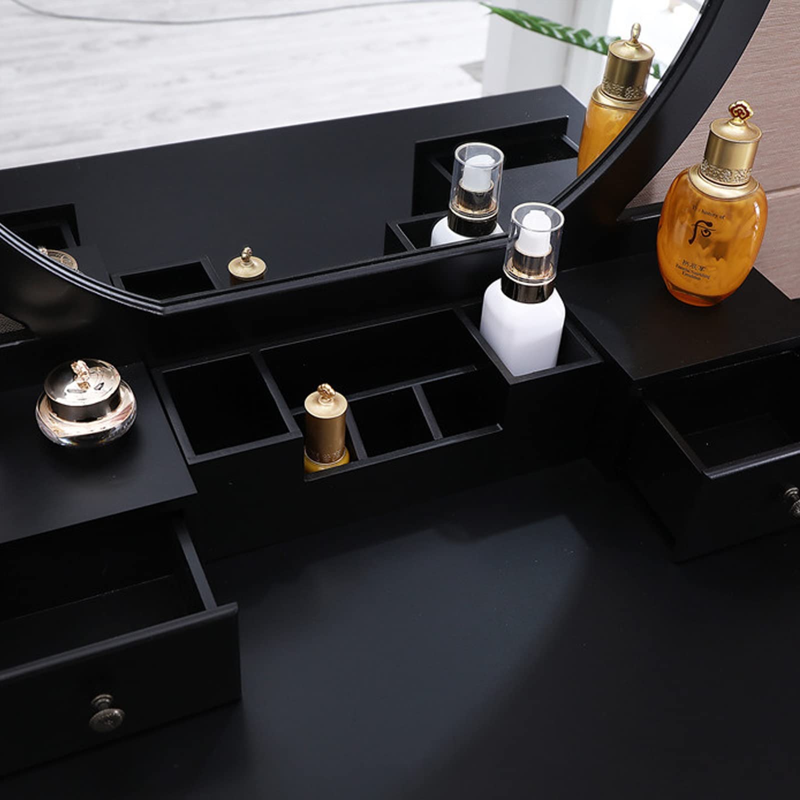 beaka Schminktisch Set Mit Hocker, Vintage Schminktisch Mit Spiegel, Kosmetiktisch Makeup Tisch Mit Gepolstertem Hocker Und Schubladen, Leicht Zu Montieren，Schwarz