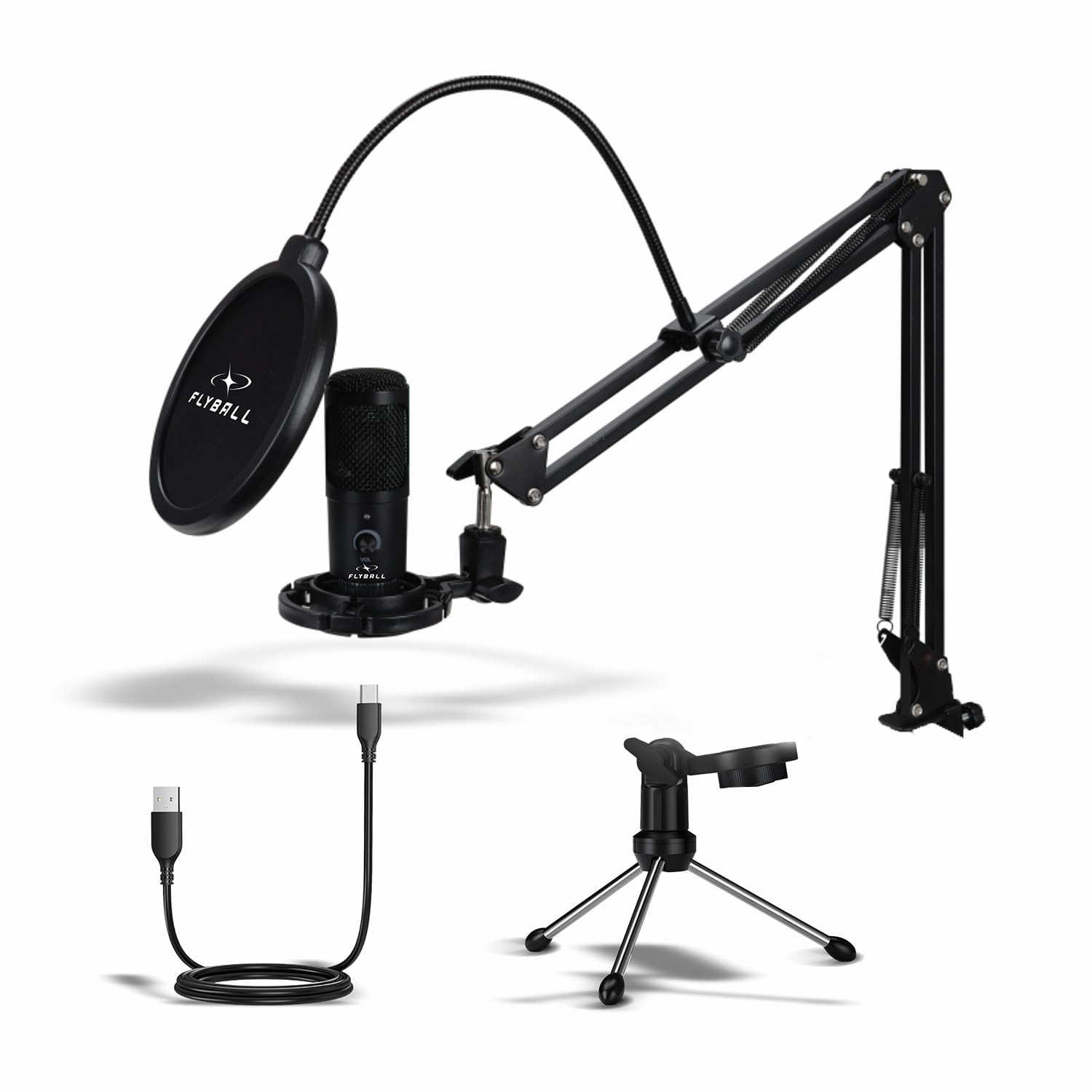 flyball usb condenser microphone kit,192khz/24bit type-c studio recording mic for podcast, youtube, gaming, singing & streaming, full setup with arm stand, pop filter,shock mount & tripod (ug 500 uhh)