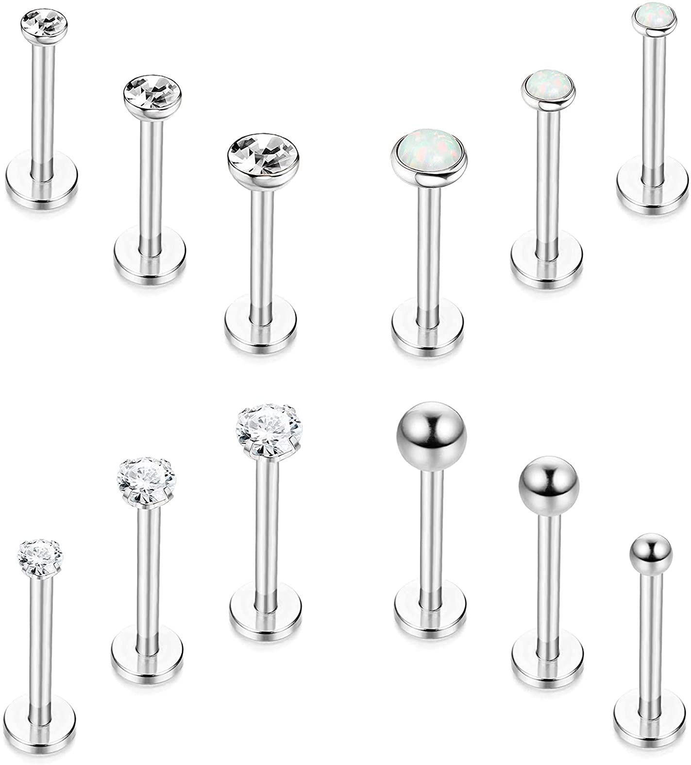 CASSIECA 12 Piezas 16G Acero Inoxidable Piercing Labio Studs Hombre Señoras Diamante CZ Ópalo Cartílago Helix Piercing Oído Piercing Labio Piercing Set Tragus Piercing, 6mm 8mm