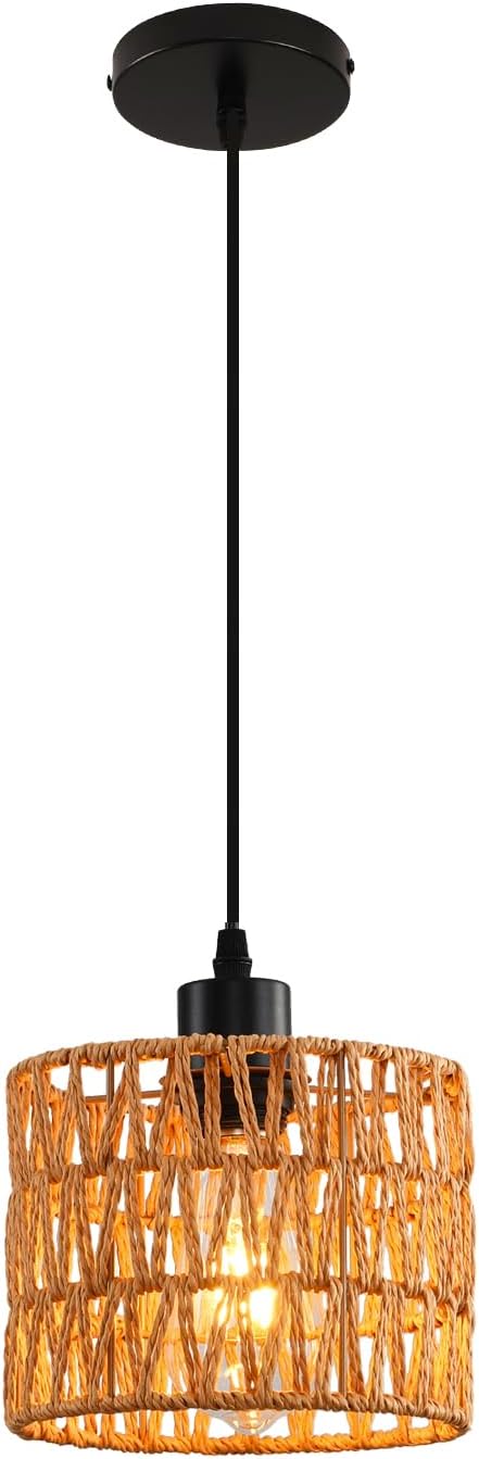 Woven Pendant Light Boho Chandelier, Rattan Pendant Lights Kitchen Island, Farmhouse Pendant Lighting with Hand Woven Wicker Shade, Boho Chandelier Light Fixtures Ceiling Hanging Light 1 Pack Brown