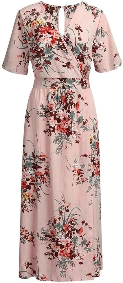 JSEIAJB Vintage Dresses for Women V Neck Sundress Floral Printed Short Sleeve Boho Maxi Dress