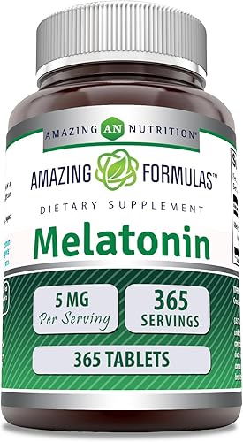 Amazing Formulas - Suplemento de tabletas de melatonina de 5 mg Sin OMG Sin gluten Fabricado en Estados Unidos (365 unidades)