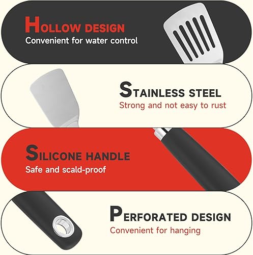 Miniatura 3 de Juego de 2 espátulas de acero inoxidable, 14.2 plateado ranurado, espátula sólida, juego de utensilios de cocina, alta resistencia al calor