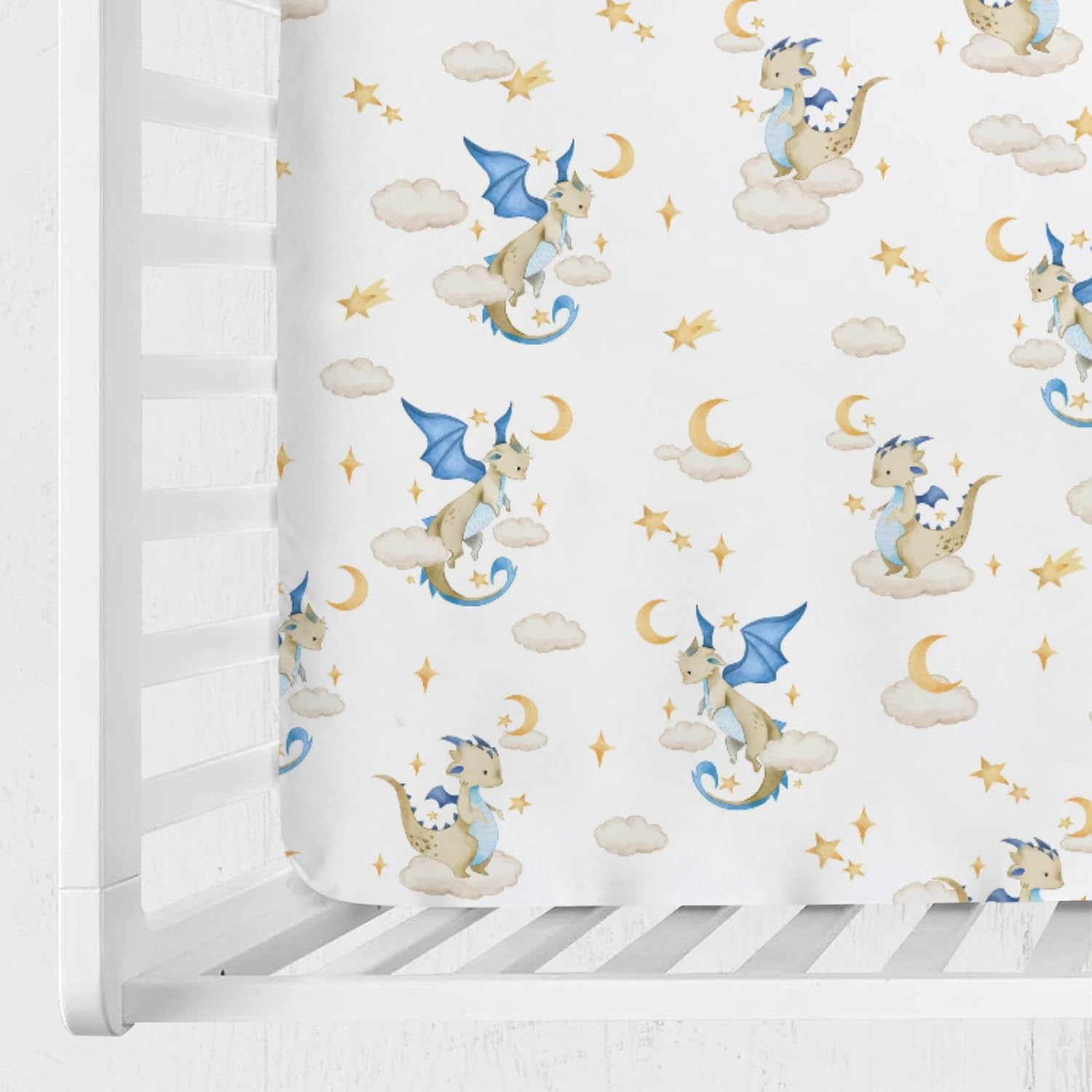 Cartoon Fairy Tale Dragon Moon Stars Clouds Baby Crib Sheets 52''x28'' Watercolor Dragons Stretchy Fitted Crib Mattress Cover for Boy Girl Soft Bed Sheet for Standard Crib and Toddler Mattress