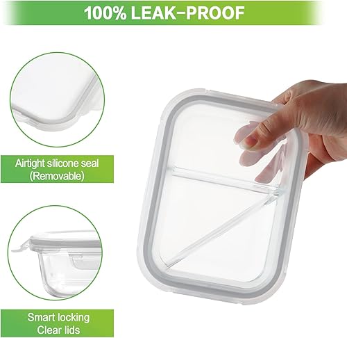 Miniatura 10 de Paquete de 10 recipientes de vidrio para preparación de comidas, 2 compartimentos, recipientes de vidrio para almacenamiento de alimentos con tapas,