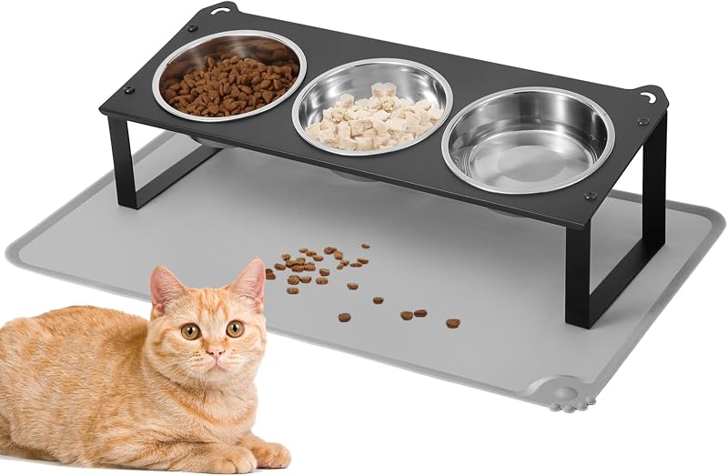 Pote elevado para gatos com tigelas de aço inoxidável, inclinação de 10° e tapete de silicone HOVNKUT, preto