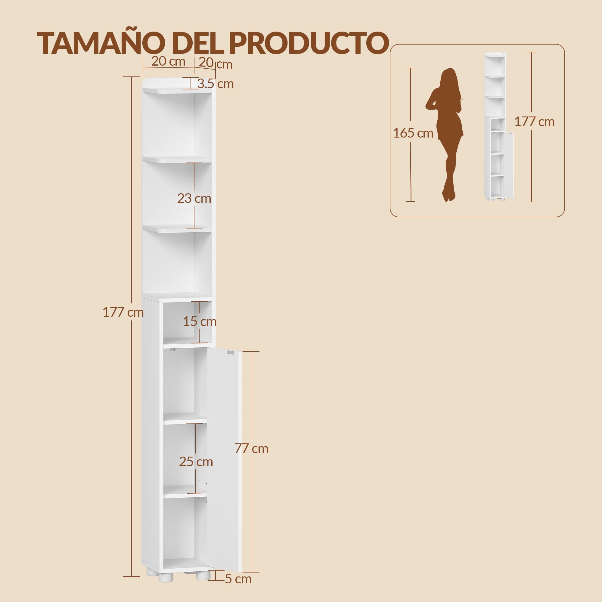Mueble Auxiliar de Baño Estrecho, 20 x 20 x 177 cm, Blanco | Armario Auxiliar de Baño, Estantes Ajustables en Altura, FFBC012PW1