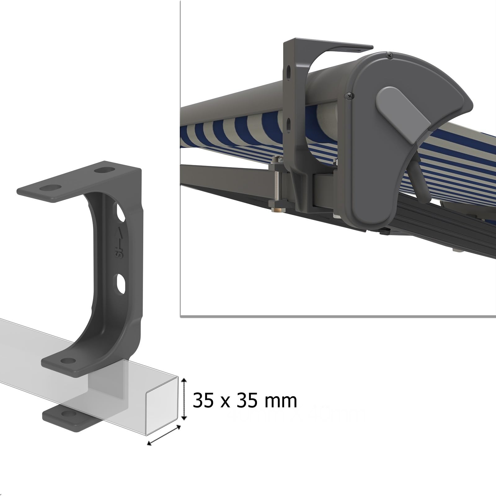 LUP059, 35mm, Stahl, grau, 2-Stück, Markisen Decken- und Wandhalterung mit Befestigung, Markisen Kombihalterung