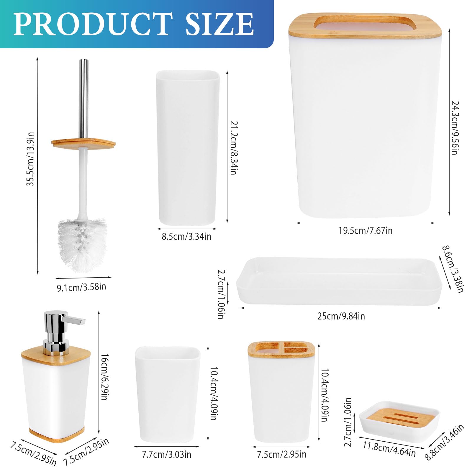 Dadabig Accesorios de Baño de Bambú, Juego de 7 Accesorios de baño, Dispensador de Jabón, Soporte para Cepillos de Dientes, Vaso de Enjuague y Jabonera (Blanco)