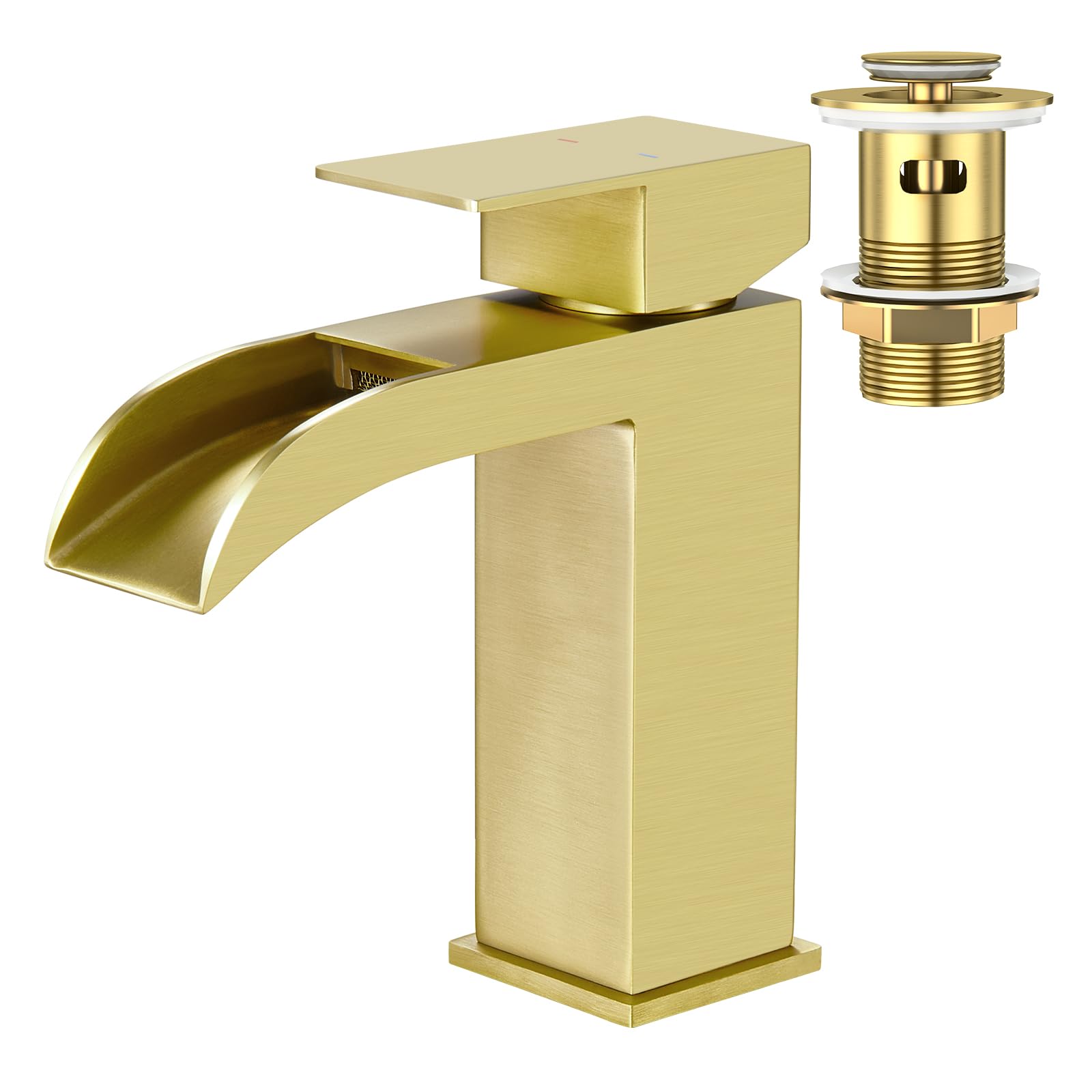 Faustina Rubinetto per Lavabo da Bagno Cascata e Piletta Pop Up con Troppopieno, Miscelatore Monocomando per Bagno Quadrato, oro