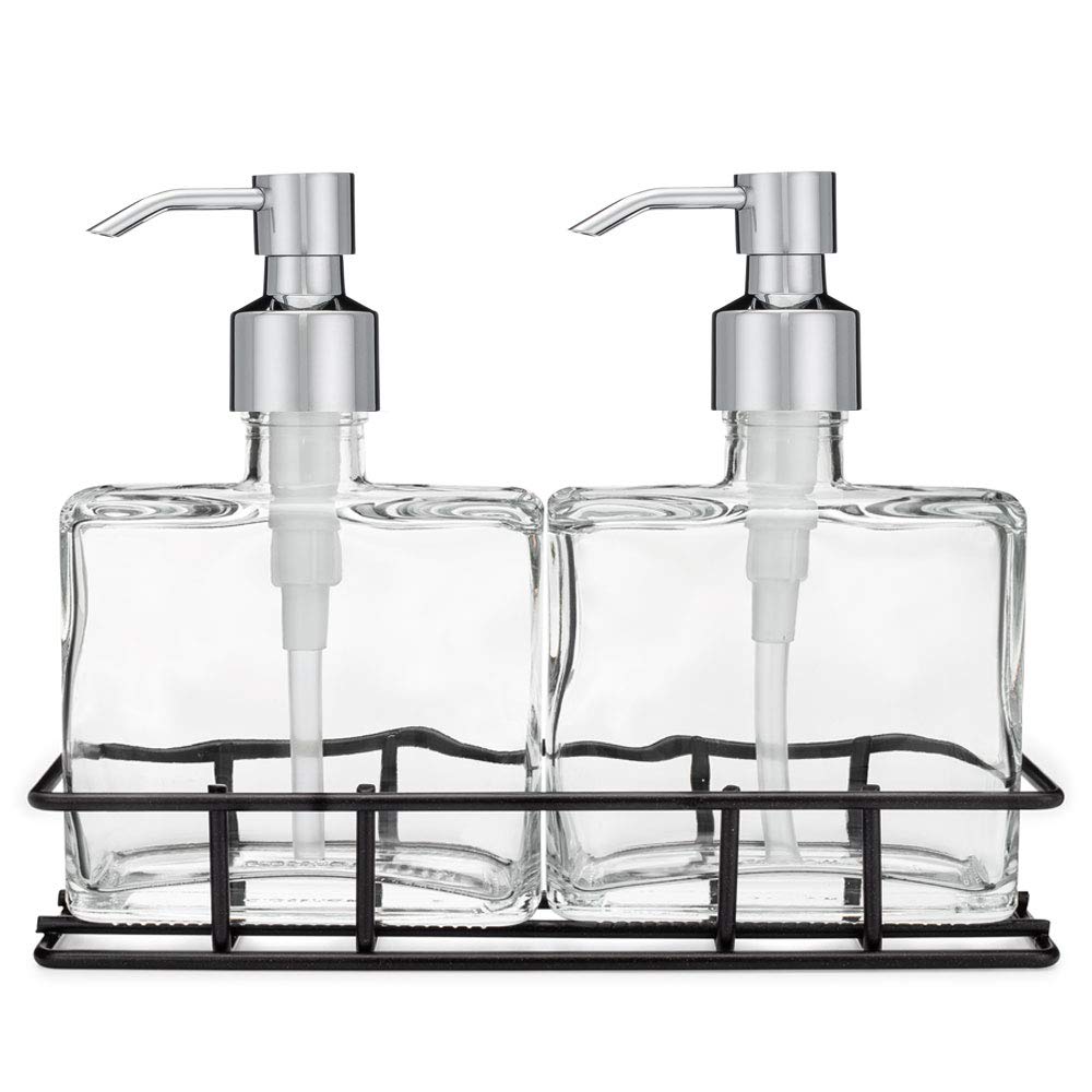 Rail19 Urban Glass Hand and Soap Dispenser Set - Includes Metal Stand Caddy, 8.5oz (Cali Chrome)