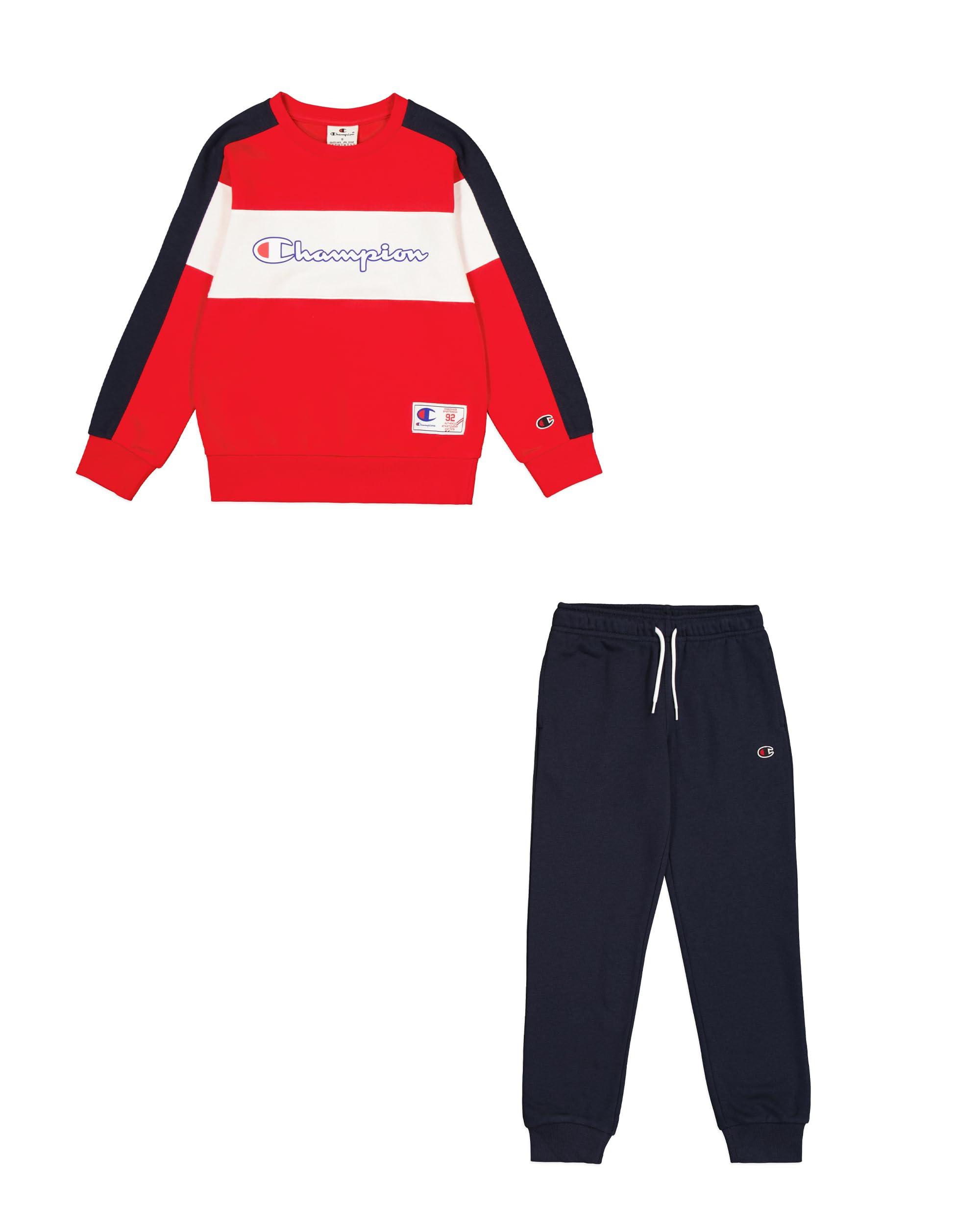 Champion Legacy Retro Sport B (306862) - Chándal de forro polar Powerblend compacto y ultraligero, multicolor bermellón/azul marino (CRD/NNY/WHT), 5-6 años (XS) Niño FW24