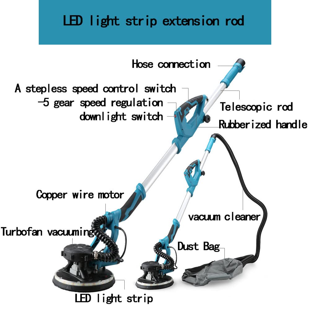 De Pared Lijadora De 1800w, 1000-2100rpm, 5 Velocidades Ajustables, Sistema De Autolimpieza, con Iluminación Led, con Papel De Lija,LengthenedLEDlightstrip