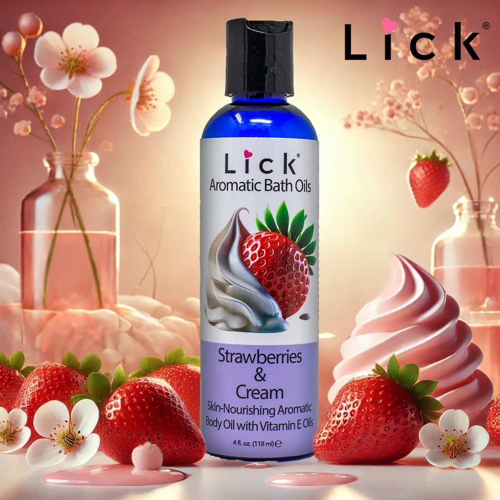 Lick Strawberries and Cream Aromatic Bath Oil - Indulgent Scent Dessert Blends - Aromatherapy Soak Oils for Skin Softening, 4 oz