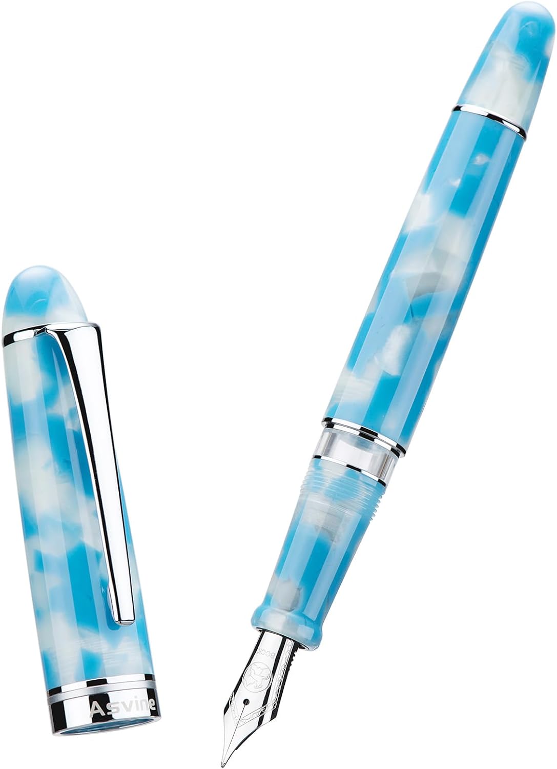 Asvine P50 Piston Fountain Pen Bock Broad Nib Sky Blue Resin, Silver Trim Smooth Writer Collection with Pen Case Gift Set