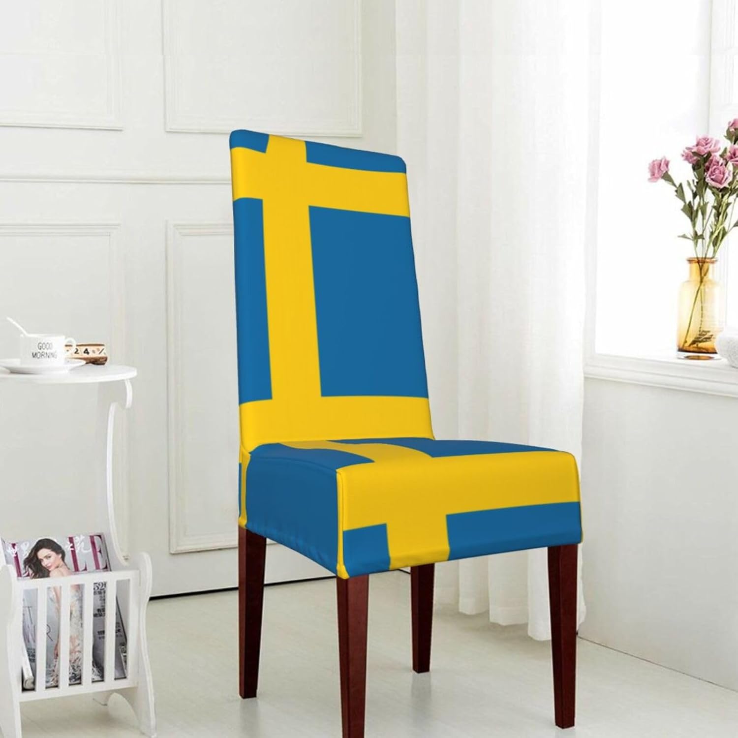 Swedish Flag Prints Dining Chair Throw Covers – Stretchy Spandex Furniture Layers for Refreshing Your Space - No Ironing Needed