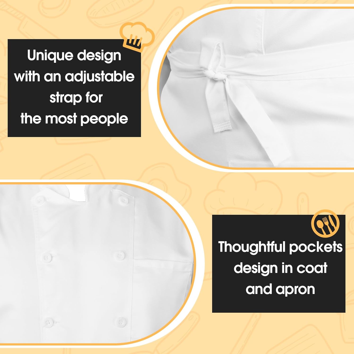 Hillban Halloween 3 Pcs Chef Unisex Costume Tall Hat Coat Bistro Apron Set Chef Jacket Coat Apron for Man - Image 3