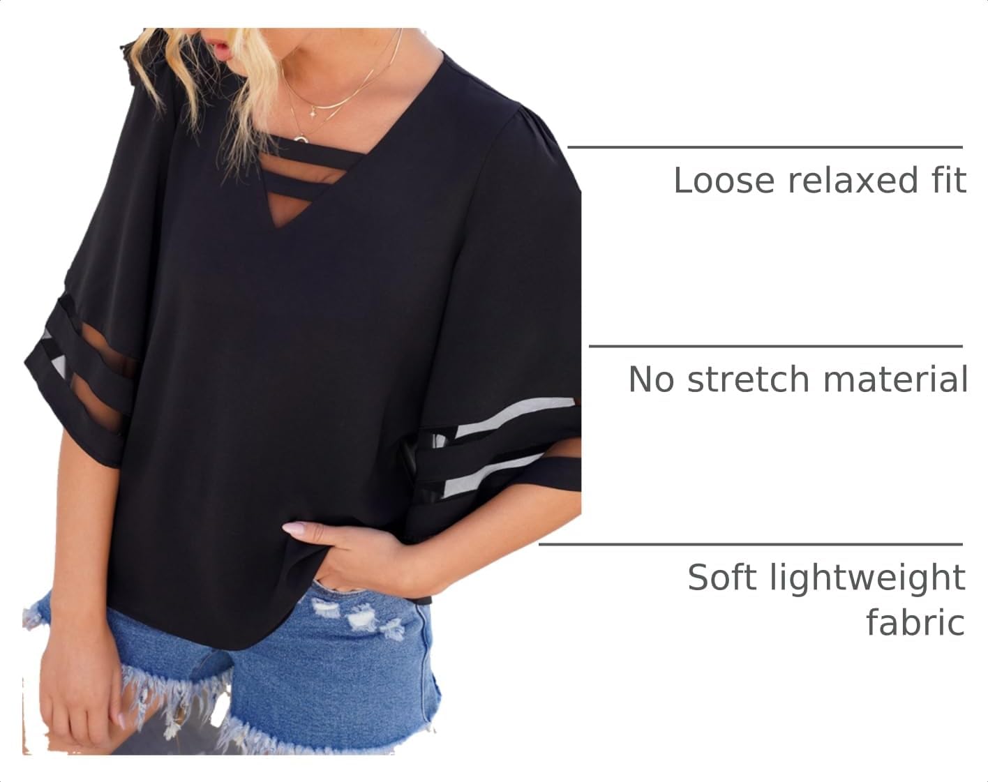 LookbookStore Tops for Women Trendy 2026 Dressy Casual V Neck Mesh Panel Blouse 3/4 Bell Sleeve Shirt image 4