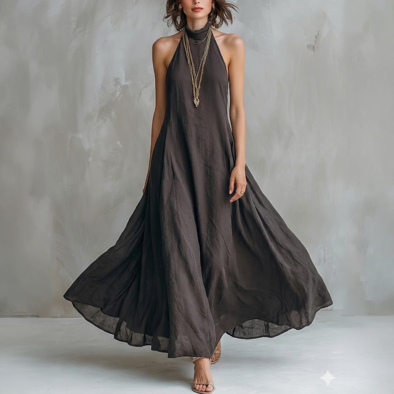 Maxi abito estivo da donna con scollo all'americana, senza maniche, linea ad A, fluido, lungo, casual, per spiaggia, vacanze e tempo libero quotidiano