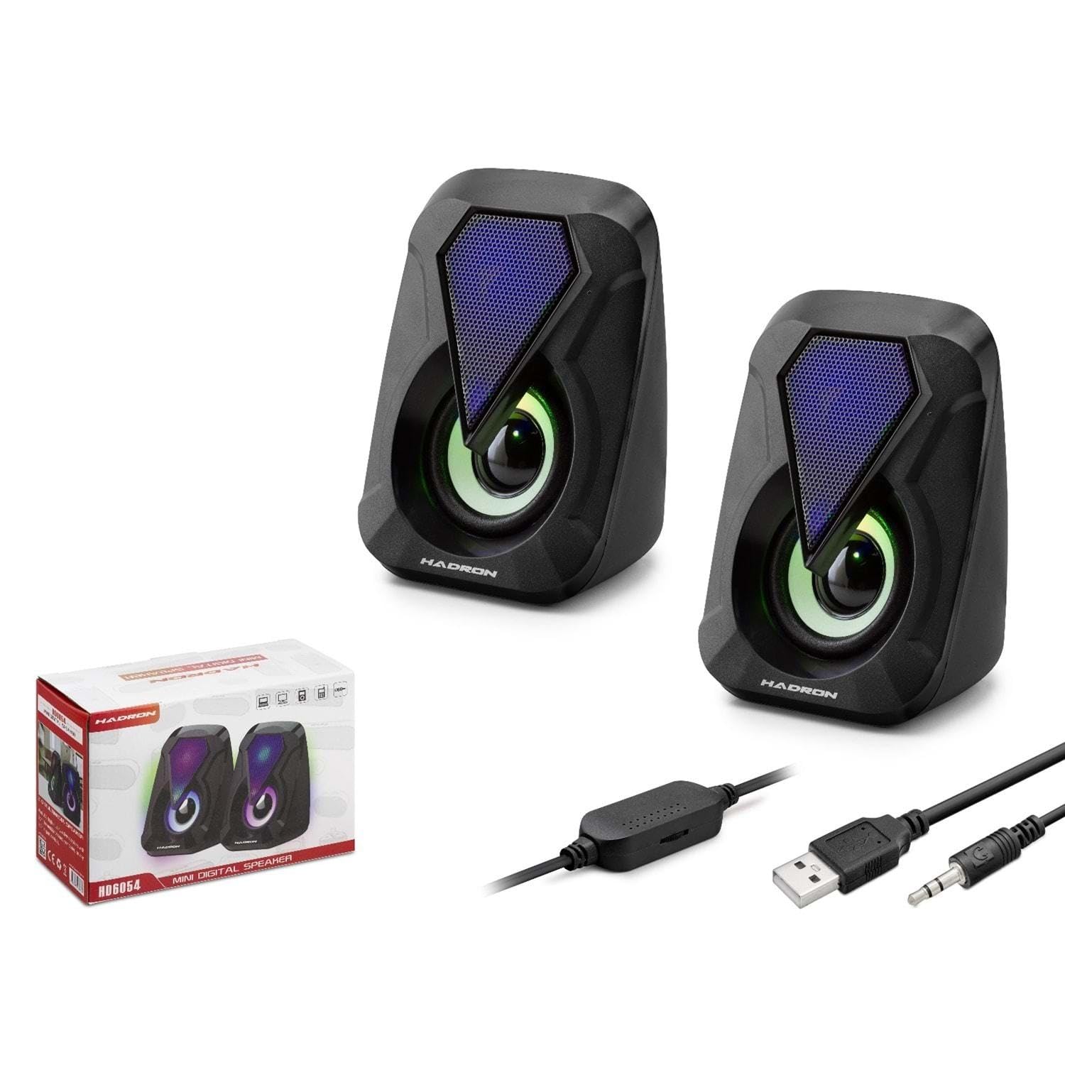 Hadron HD6054 - Altoparlante per computer con LED 1 + 1 K, 2 x 3 W, uscita audio AUX da 3,5 mm + alimentatore USB, colore: nero