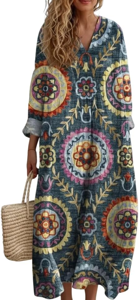 Women's Boho Floral Long Sleeve Beach Vacation Midi Dresses, Plus Size Casual Tunic Flowy V Neck Comfy Cruise Dress for Women