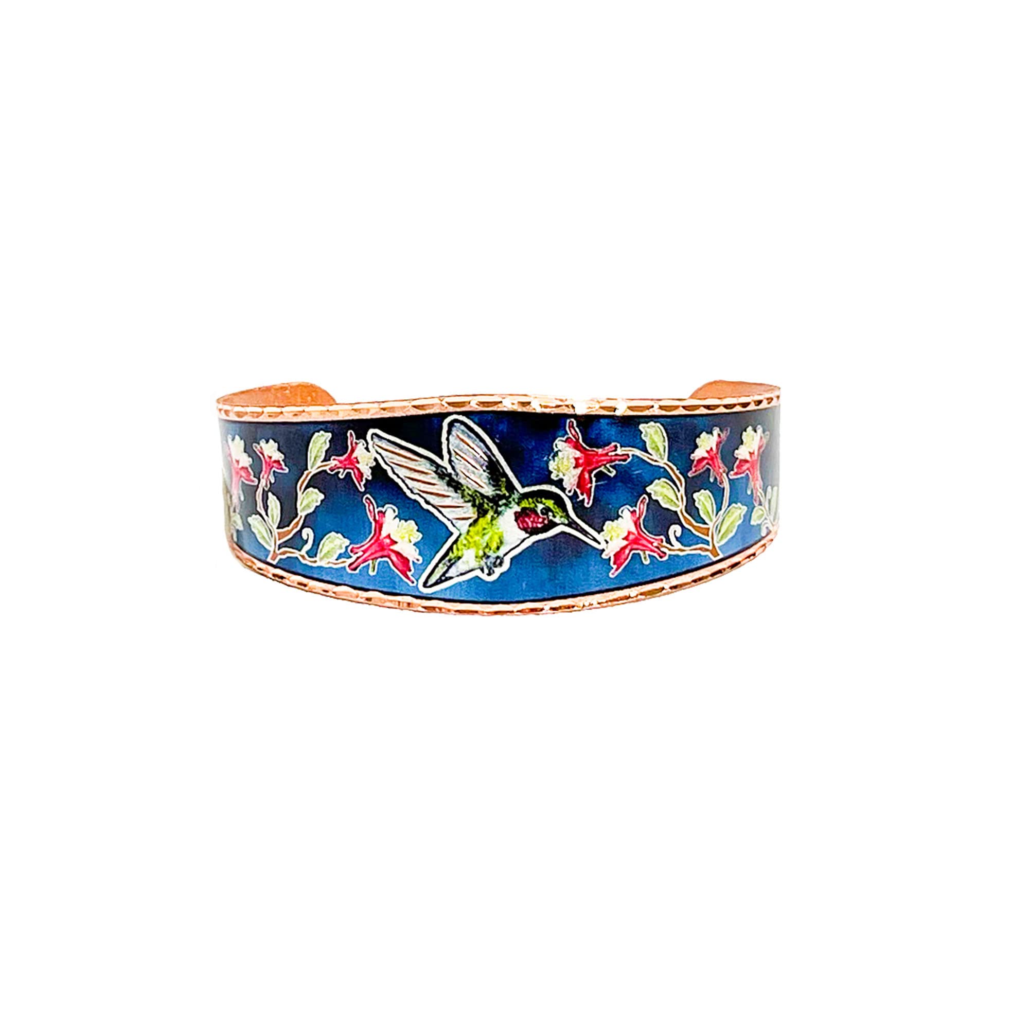 Copper Cuff Wrist Bracelet Handmade - Colorful Northwest Native Hummingbirds
