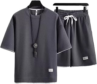 Herr 2-delat set kortärmad t-shirt shorts pläd (grå XL) | Pläd textur design, andas lätt, perfekt för sport och fritid, rund hals