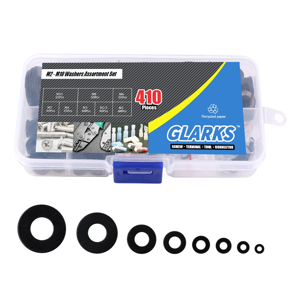 Glarks 410Pcs Metric M2 M2.5 M3 M4 M5 M6 M8 M10 Flat Washers Assortment Set, Black Zinc Plated Alloy