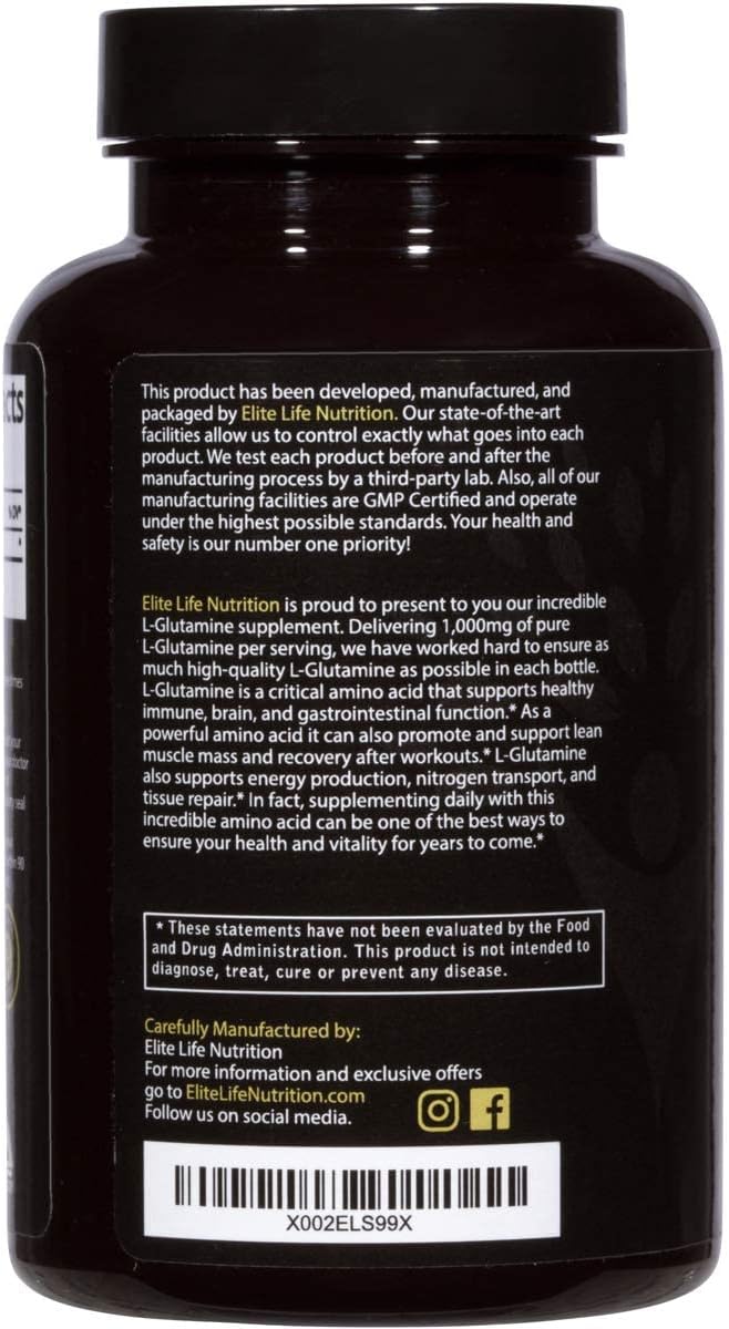 L-Glutamine 1000mg - Best L Glutamine Supplement - Pure, Natural, and Vegan Amino Acid - Promotes and Preserves Lean Muscle Mass - Supports GI Health and Immune System Function - 120 Capsules : Health & Household