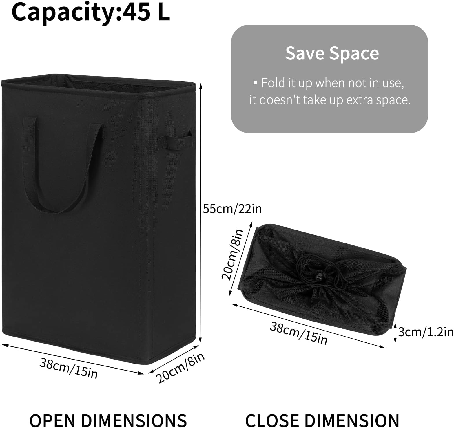 Chrislley 45L Slim Laundry Hamper Thin Laundry Basket with Handle Foldable Dirty Clothes Basket Durable Laundry Storage Organizer Bathroom Corner Narrow (22 inches ,Black)