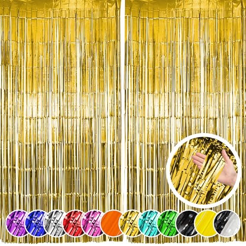 Image of Hampton Distribution 2 Pack Gold Fringe Curtain Party Backdrop, Gold Tinsel Backdrop, Decorations for Birthday, Holidays, Parties & More