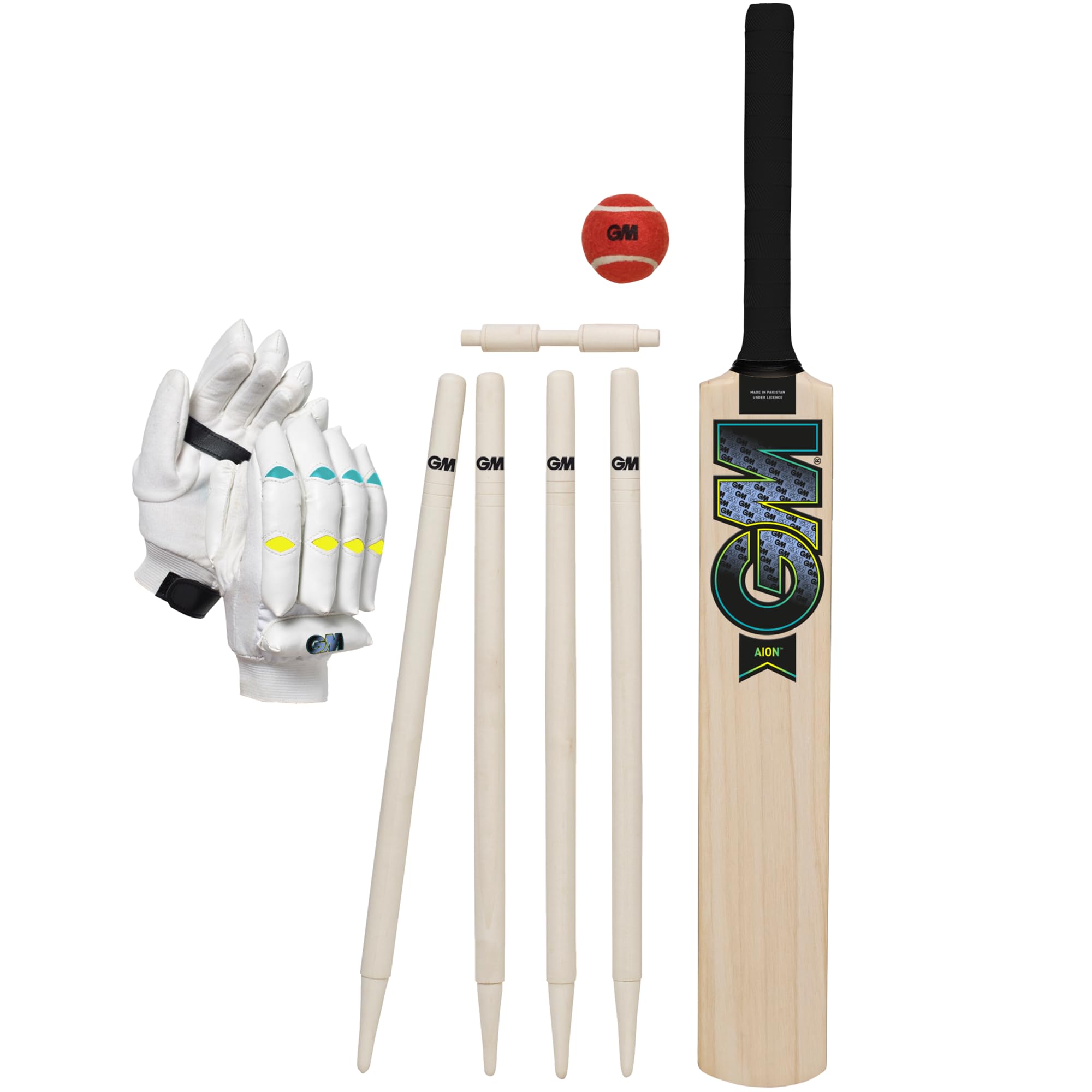 Gunn & Moore GM Young Gunn Cricket Set | Aion | Wooden Cricket Bat, Soft Ball, Batting Gloves, Stumps & Bail and Carry Bag | Sizes 2, 4 or 6