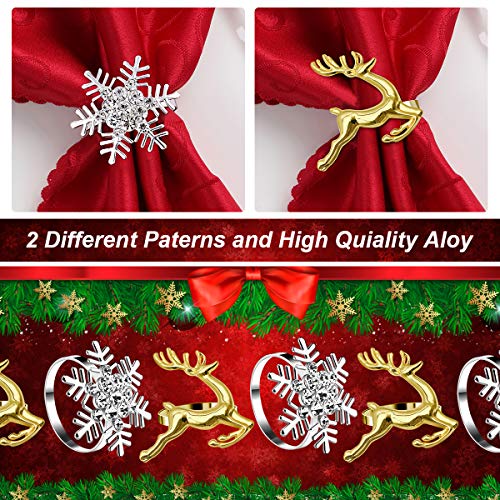 Christmas Napkin Rings Decoration 12 Pcs, Rhinestone Elk Snowflake Napkin Rings Holders for Wedding Birthday Party Dinner Supplies (Gold，Silver) - Thumbnail 7