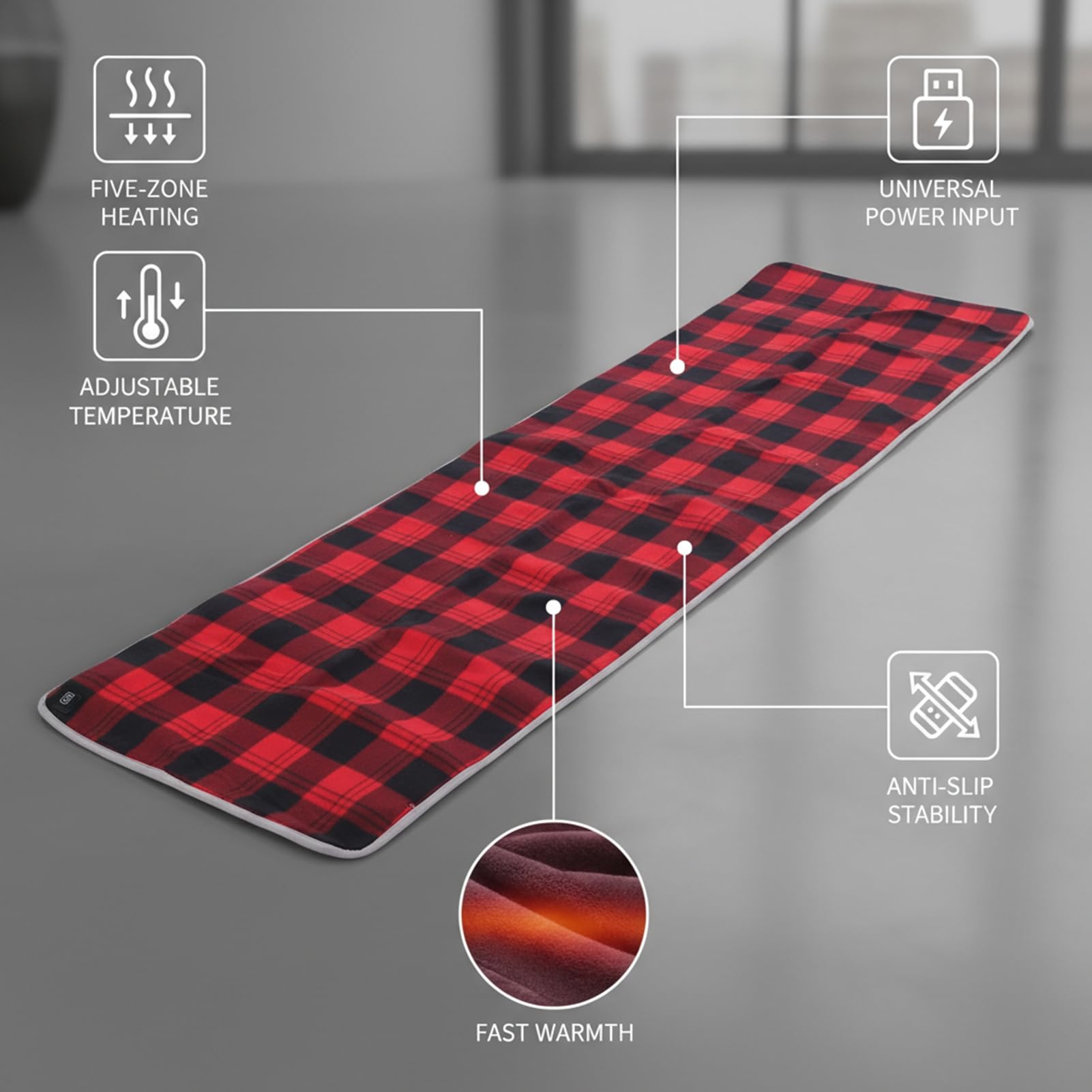 Imbottitura per Sacco a Pelo Riscaldata, Fodera per Sacco a Pelo Scozzese Rossa Alimentata tramite USB con 5 Zone di Riscaldamento 3 Livelli di Temperatura Regolabili Cuscinetto