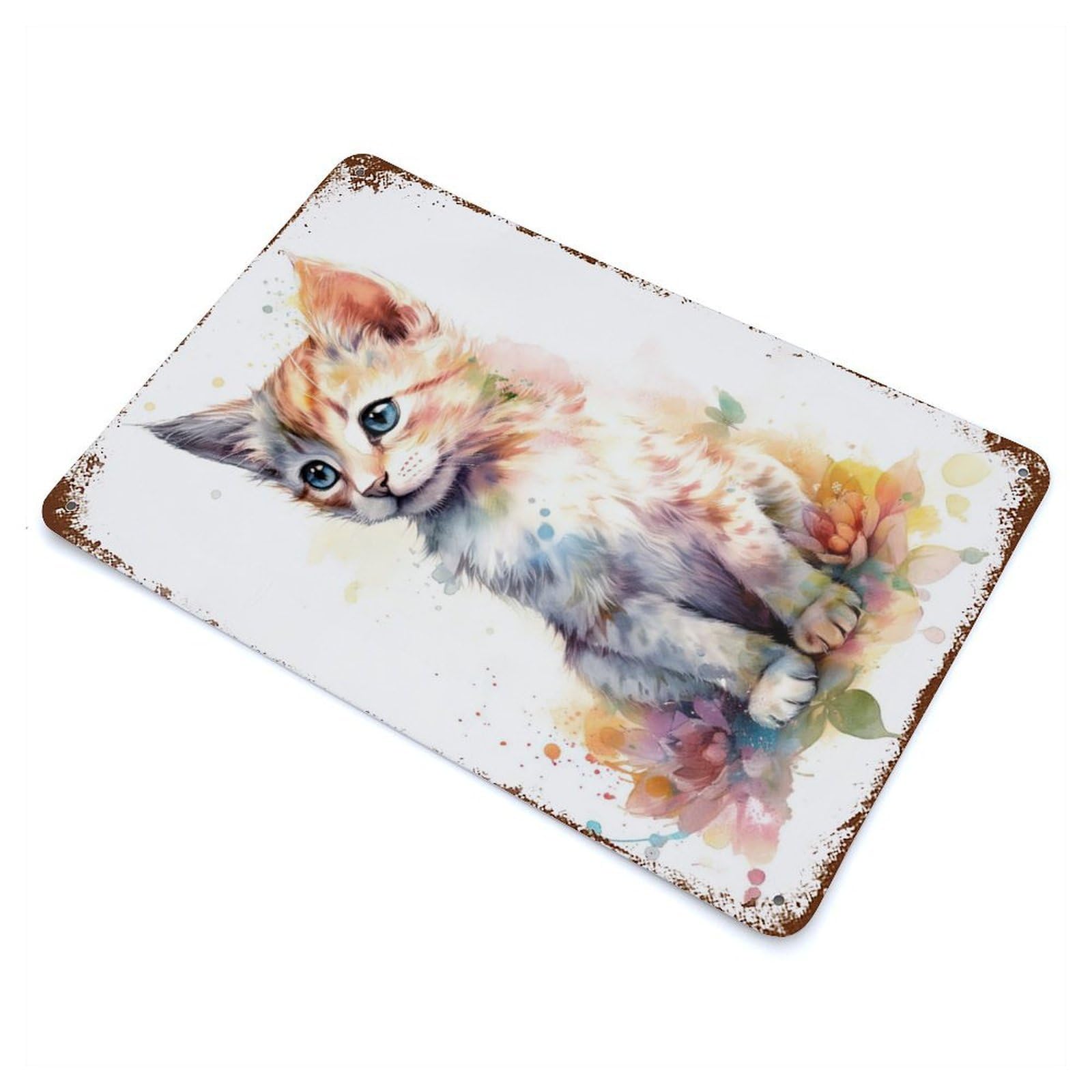 Weathered Tin Sign with Watercolor Manx Cat Kitten Design 11.8"x7.9", for Garage, Bar And Workshop Decor, Decorative Metal Wall Art