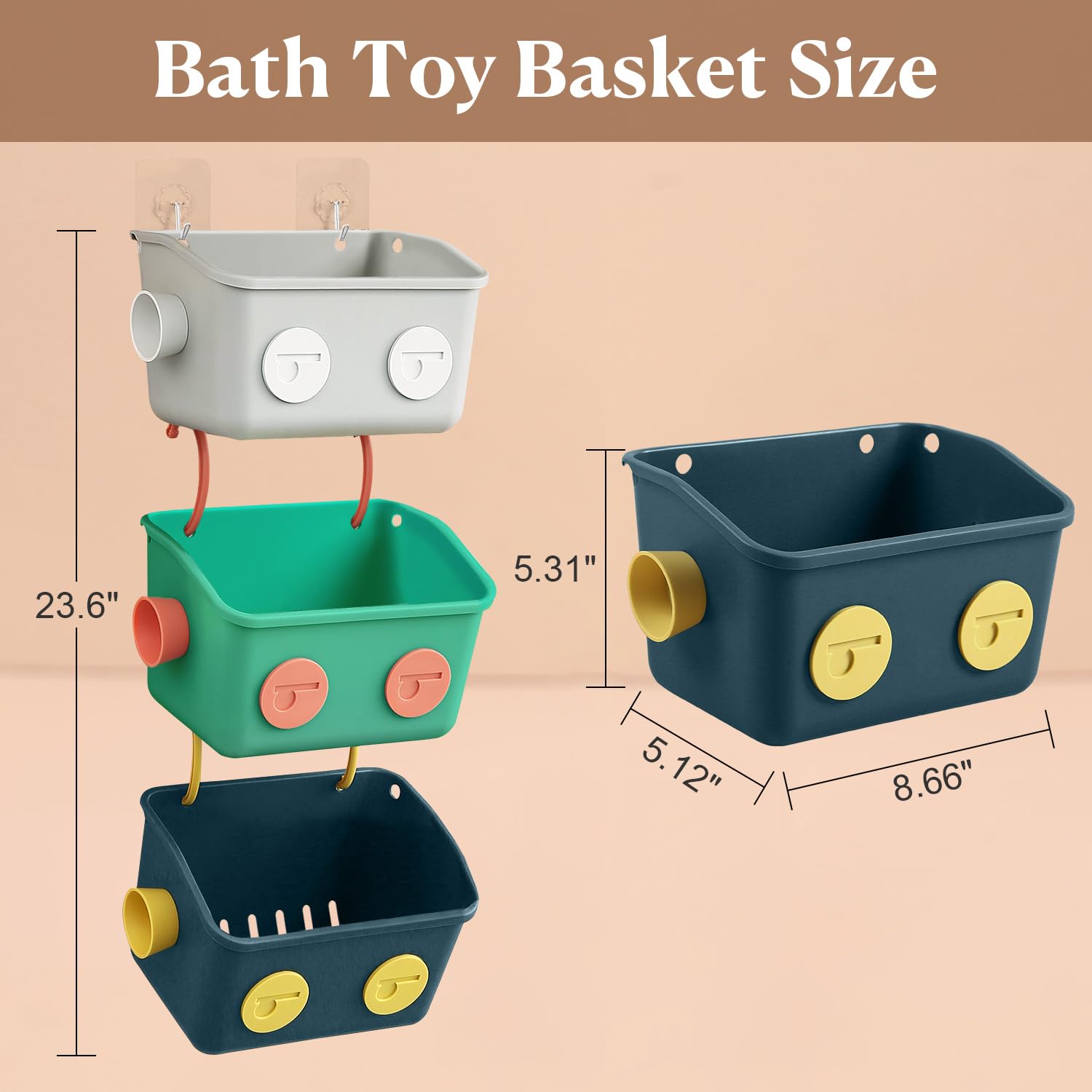 Karceyworth Bath Toy Storage Organizer Basket, 3 Pack Cute Robot Bathtub Shower Toy Organizer, Wall Mounted Hanging Bath Toy Holder with Hooks, for Tub Laundry