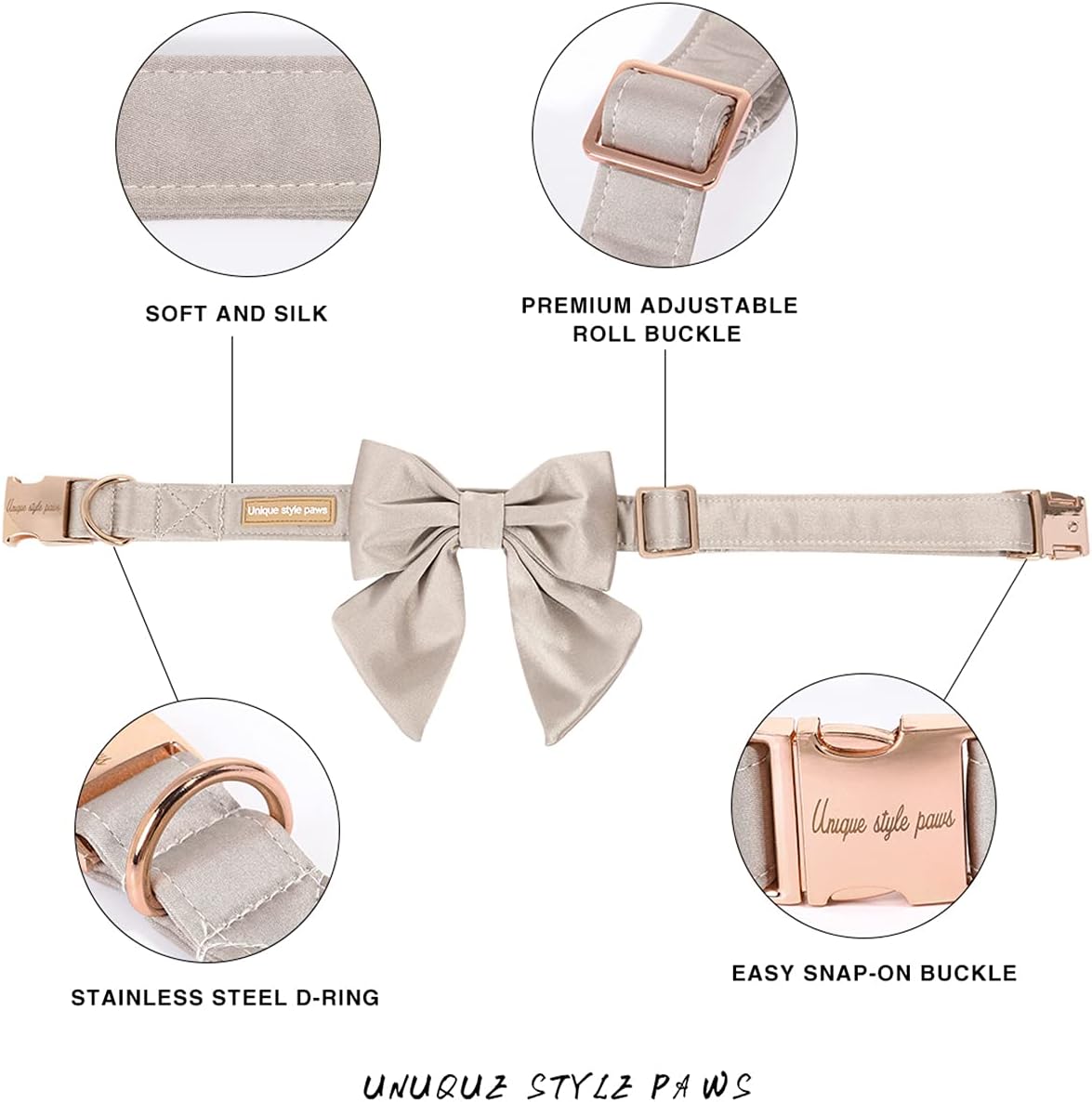 Unique Style Paws Silk Champagne Color Adjustable Wedding Bow Tie Collar for X-Large Dogs