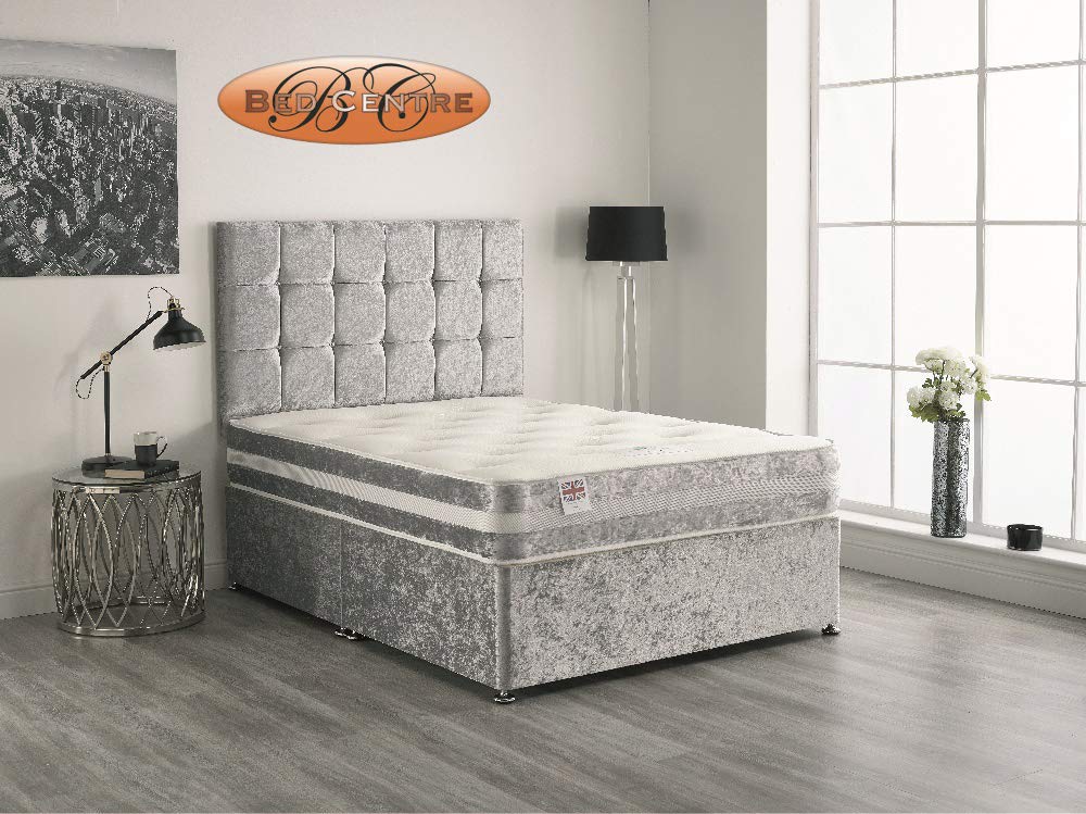 Bed Centre Silver Crush Velvet Divan Bed with Matching Mattress and Headboard 3ft 4ft 4ft6 5ft 6ft (3FT (SINGLE))