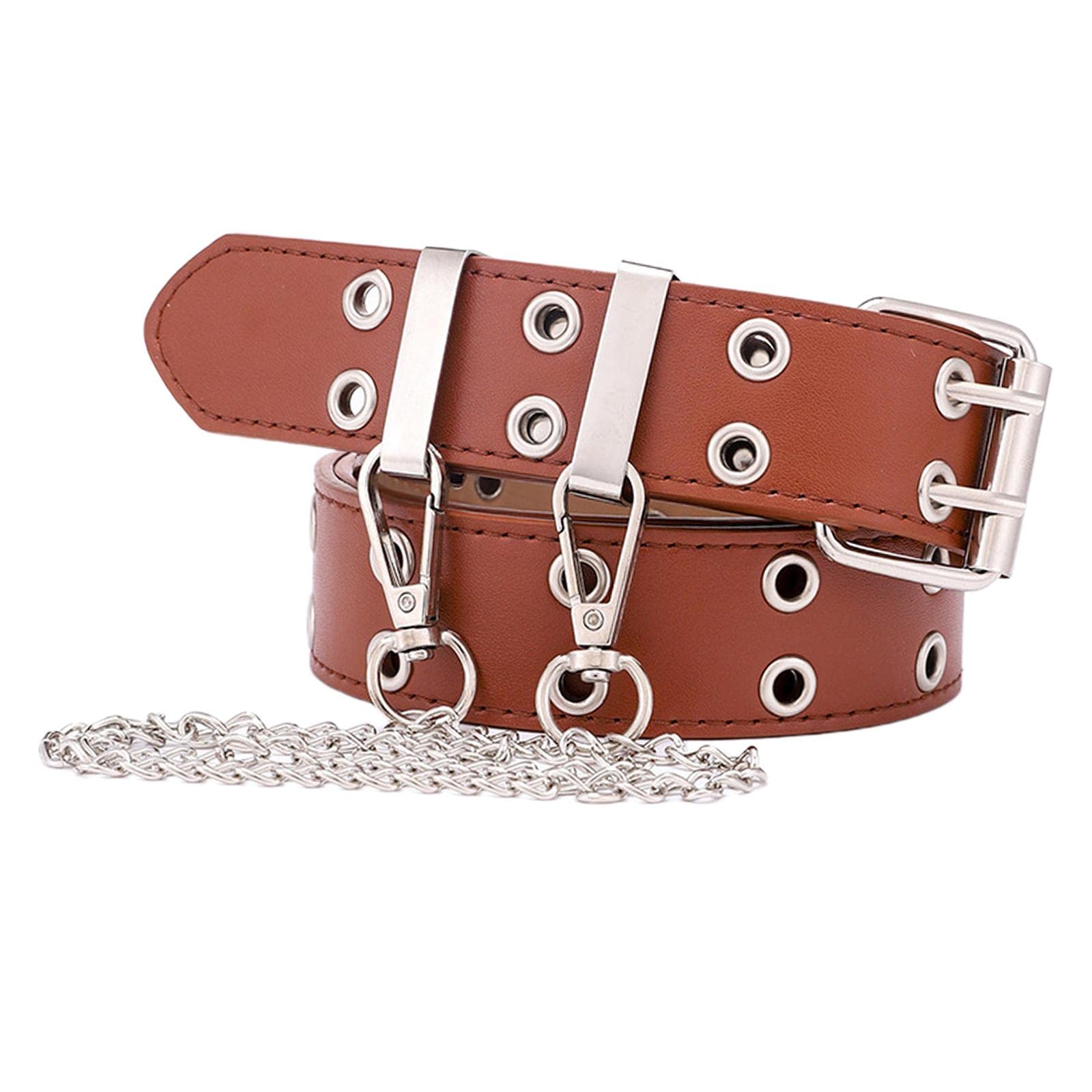 nivaa Women Punk Belt Double Grommet Leather Jeans Waist Strap Brown with Chain-picture-29