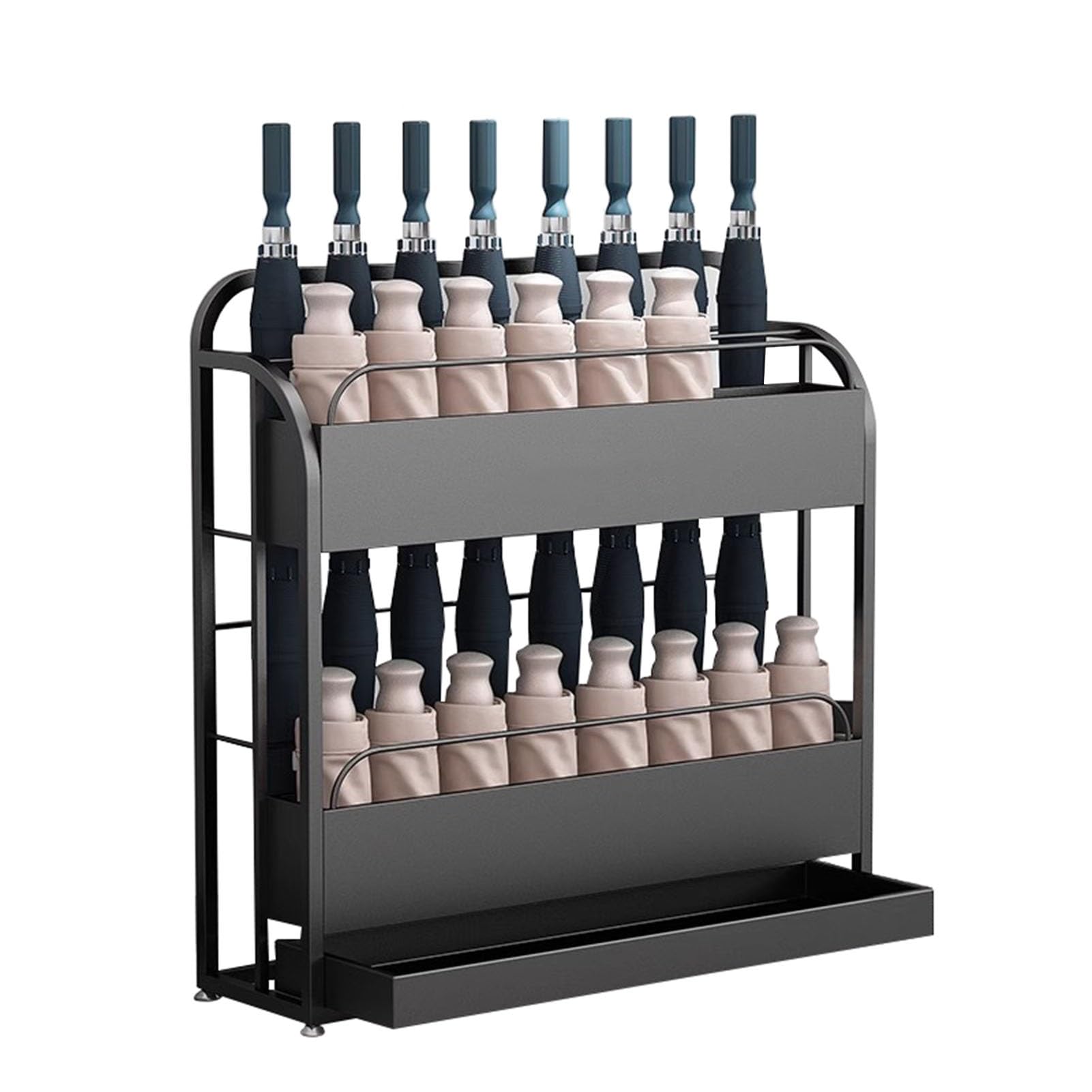 GHHVFEC Metal Umbrella Stand with Drainage Tray, Stylish Storage for Home, Office, Café & Hotel Entryway, Holds 3 Umbrellas, Black, 39.4x9.8x27.6 in.