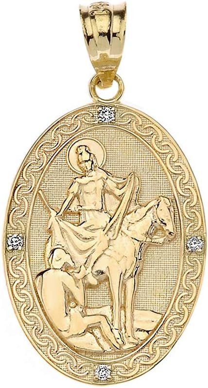 Solid 14k Gold Saint Martin Of Tours Diamond Religious Oval Medal Pendant (1.20")