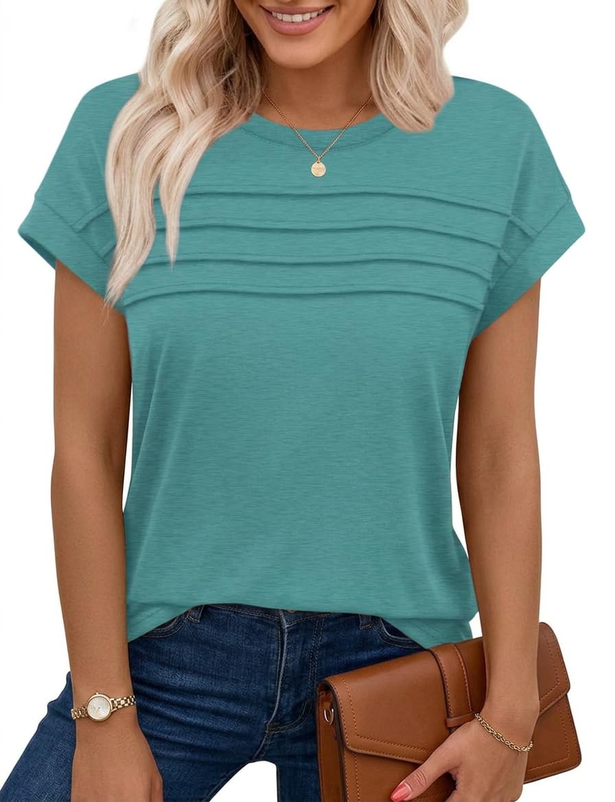 Chicrise Tshirts Women UK Cap Sleeve Crew Neck Pleated Vest Tops Basic Solid Color Loose Blouses Turquoise Green Large 16-18