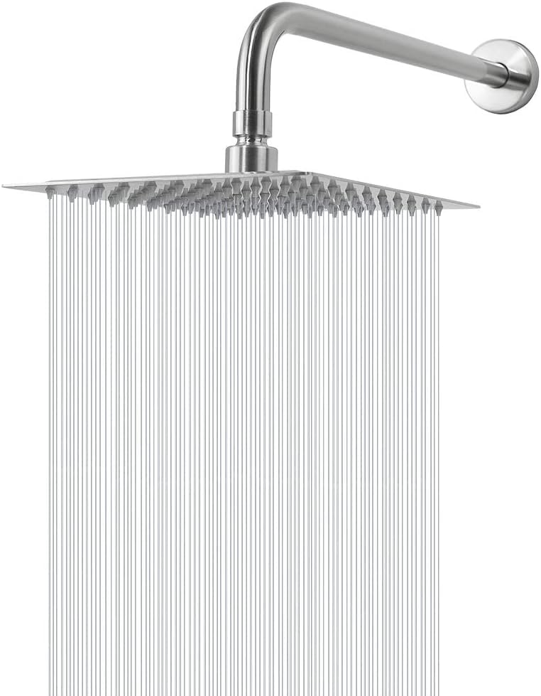Image of Mirror Stainless Steel 304 Square Ultra Slim High Pressure Rainfall Shower Head for bathroom With Long Bend Shower Fit Arm (6X6 (6 inch) with 18inch Long Bend Arm)