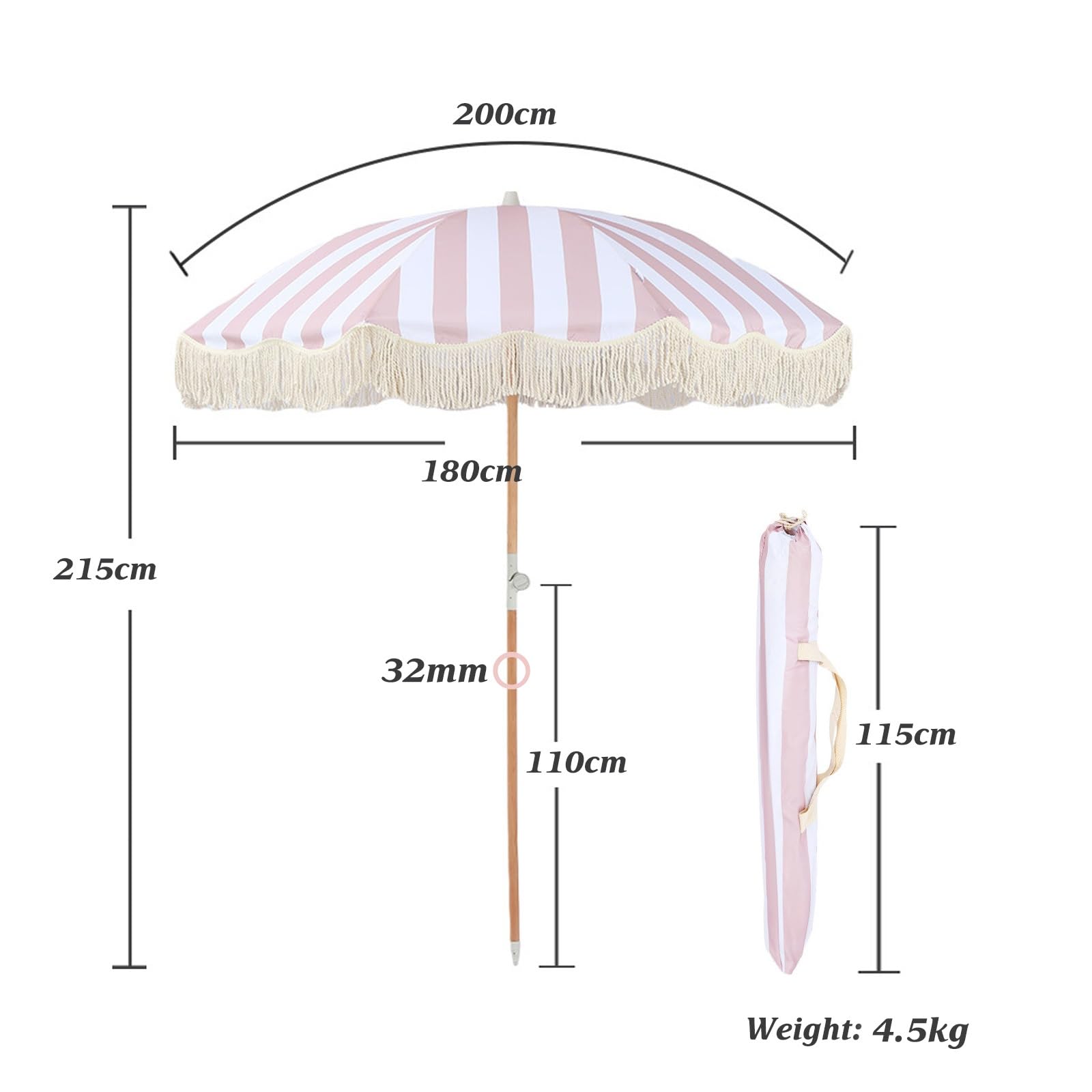 Sombrilla De Playa Grande Antiviento 2m Rosa Sombrillas Terraza Parasol De Jardín Anti UV Parasol Terraza De Jardín Sombrilla Jardin Exterior Con Borlas Para Piscina Balcón Y Césped
