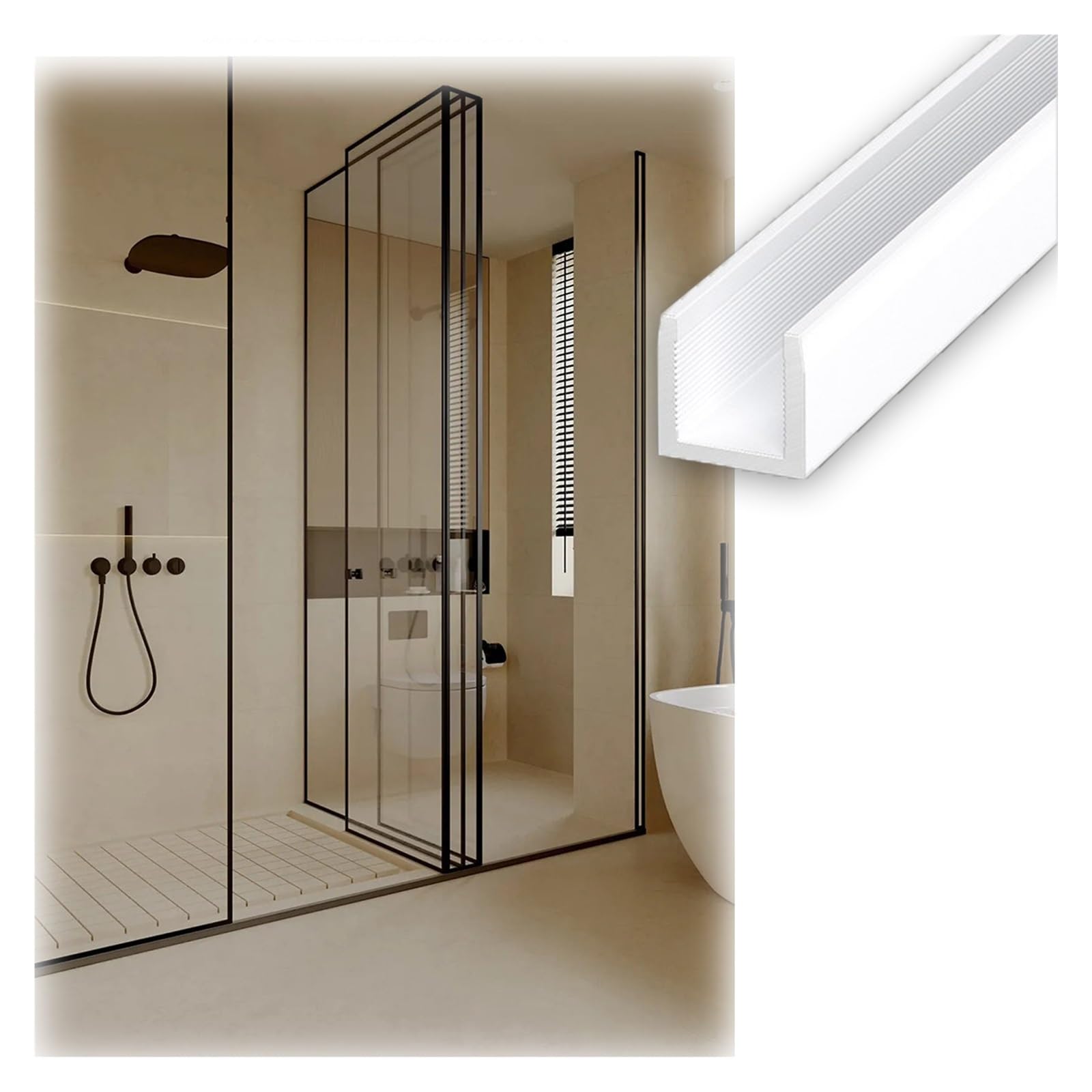 Wszechstronny Solidny Aluminiowy Szklany Kanał U Wytrzymały Wodoodporny Stały Kanał Prysznicowy Nowoczesny(White,L2m W4mm)