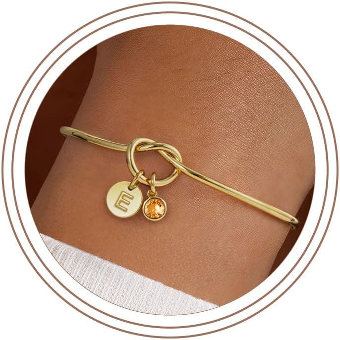 Turandoss Initial Birthstone Bracelets for Women Girls, Dainty 14K Gold Plated 12 Months Disc Initial A-Z Birthstone Heart Knot Bangle Bracelet Birthday Bridesmaid Jewelry Graduation Gifts for Women